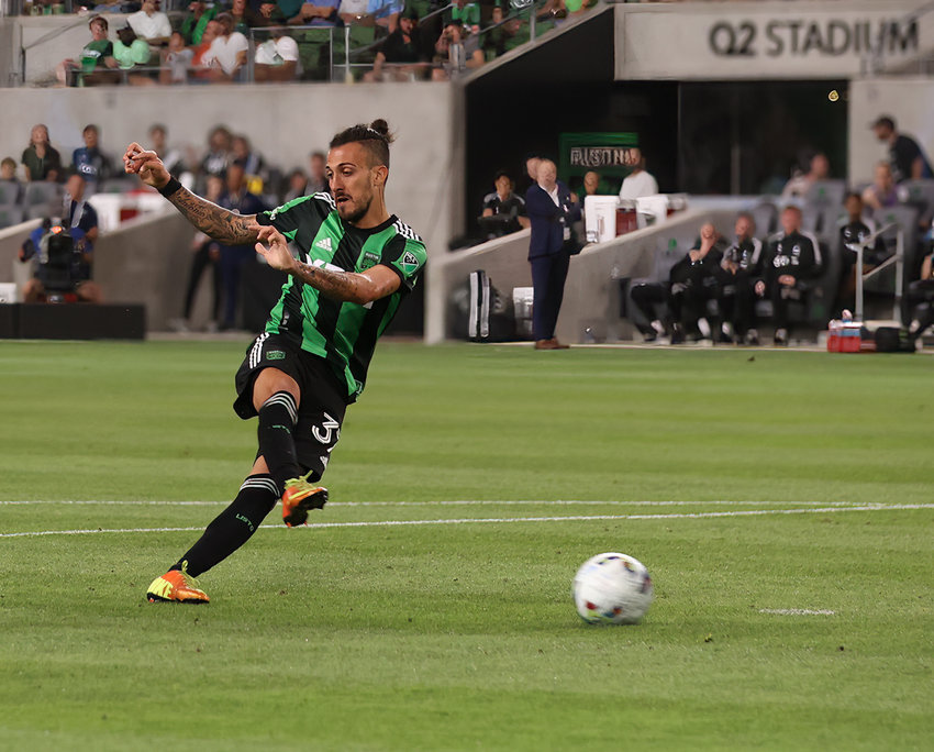 Austin FC forward Maximiliano Urruti (37) shoots and scores the lone goal of a Major League Soccer match between Austin FC and Minnesota United FC on April 10, 2022 in Austin, Texas.