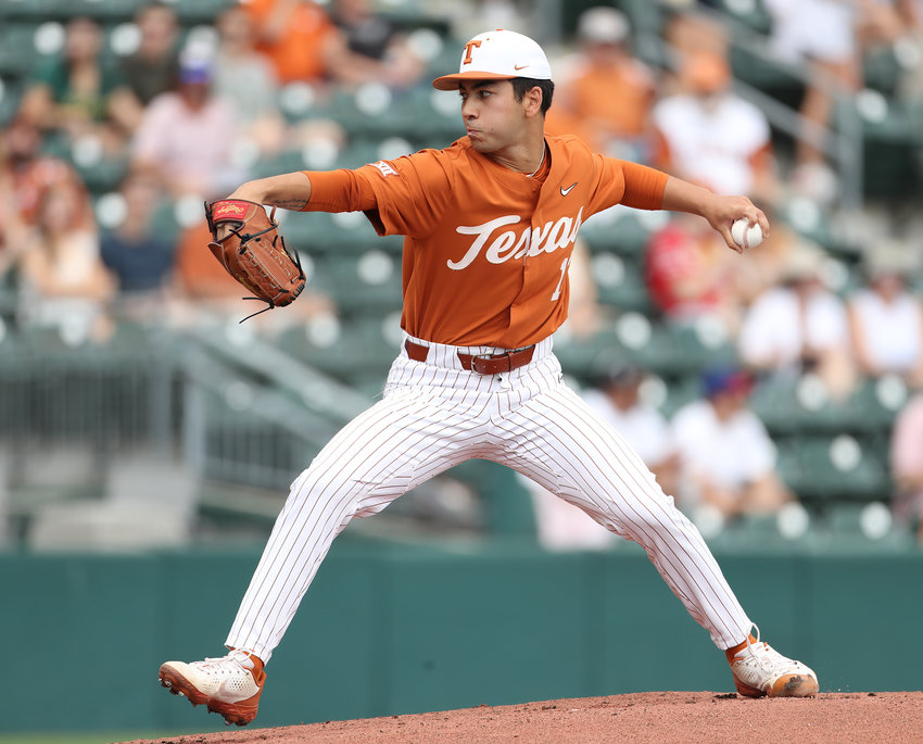 Texas starting pitcher Lucas Gordon (13) on the mound during an NCAA baseball game against Baylor on April 24, 2022 in Austin, Texas.