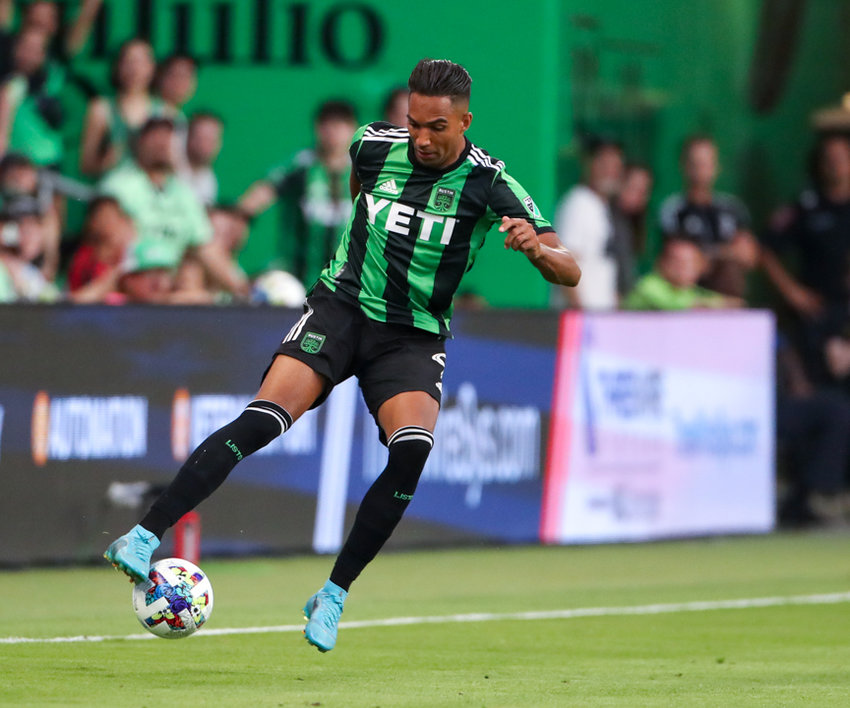 Austin FC forward Danny Hoesen (9) gets control of the ball during the second half of a major league soccer match between Austin FC and the Los Angeles Galaxy on May 8, 2022 in Austin, Texas.
