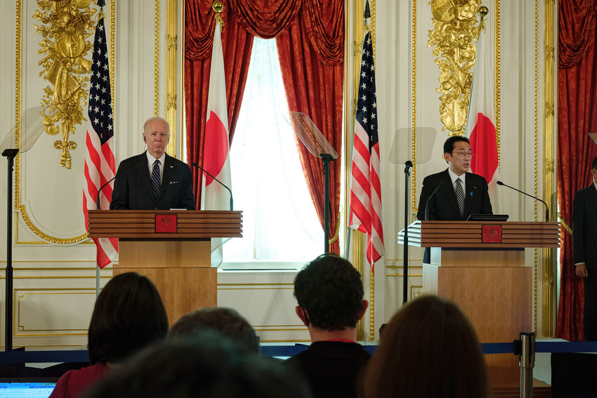 U.S. President Joe Biden and Japanese Prime Minister Fumio Kishida attend a joint news conference following their bilateral summit at the Akasaka State Guest House on May 23, 2022, in Tokyo. (Nicolas Datiche/Getty Images/TNS)