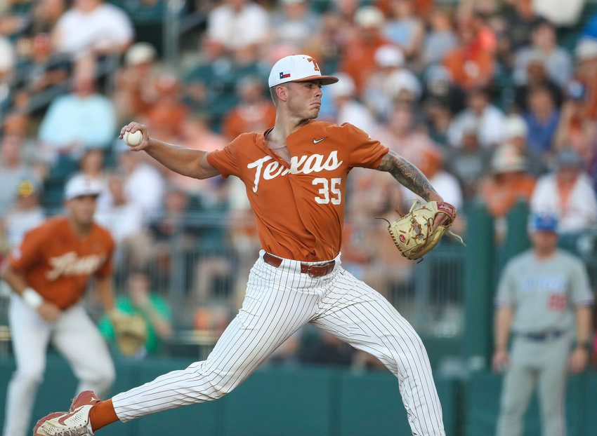 Texas pitcher Tristan Stevens (35) on the mound in relief during an NCAA playoff baseball game against Louisiana Tech on June 4, 2022 in Austin, Texas.