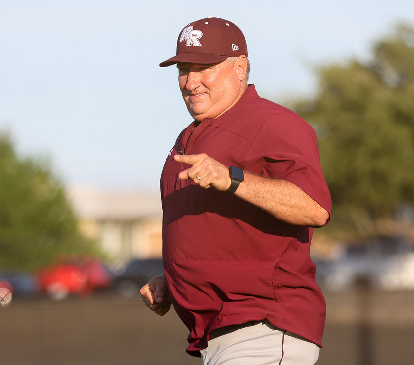 Round Rock head coach John Carter during the regular season finale between Vandegrift and Round Rock on April 27, 2022 in Austin, Texas. Vandegrift won 3-0 and advances to the playoffs while Round Rock&rsquo;s season comes to a close.