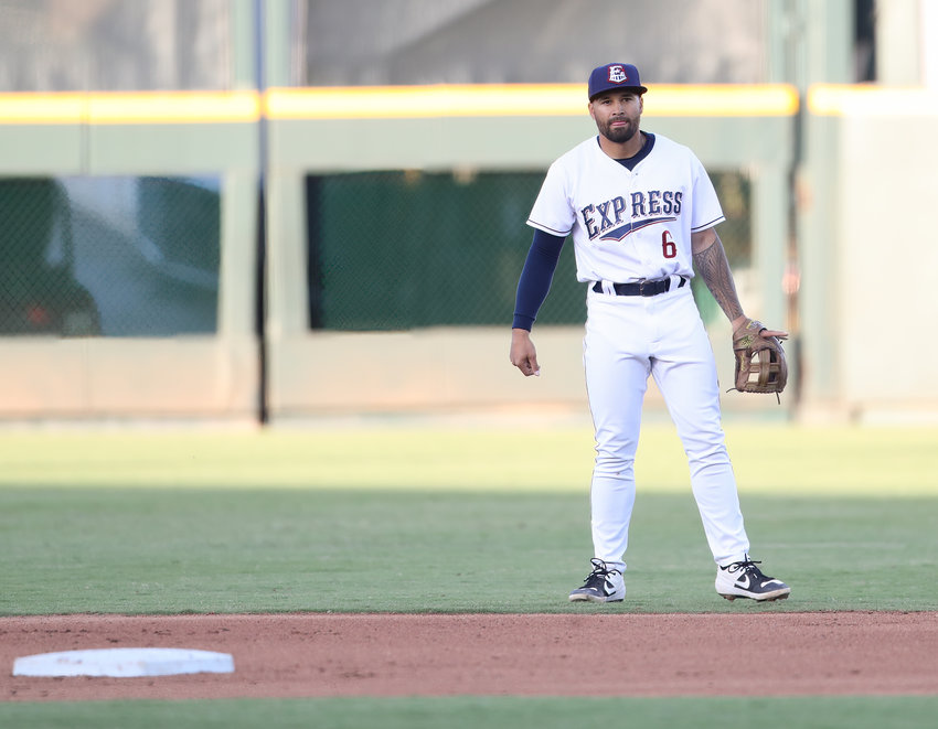 Round Rock Express infielder Nick Tanielu (6) during a Minor League Baseball game on April 9, 2022 in Round Rock, Texas.