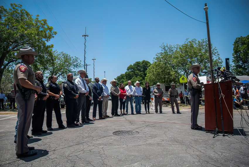Police hold a press conference in Uvalde on June 2, the week after Texas&rsquo; deadliest school shooting. School districts in Texas have created their own police departments after mass shootings, but experts and parents say more officers don&rsquo;t always make campuses feel safer.