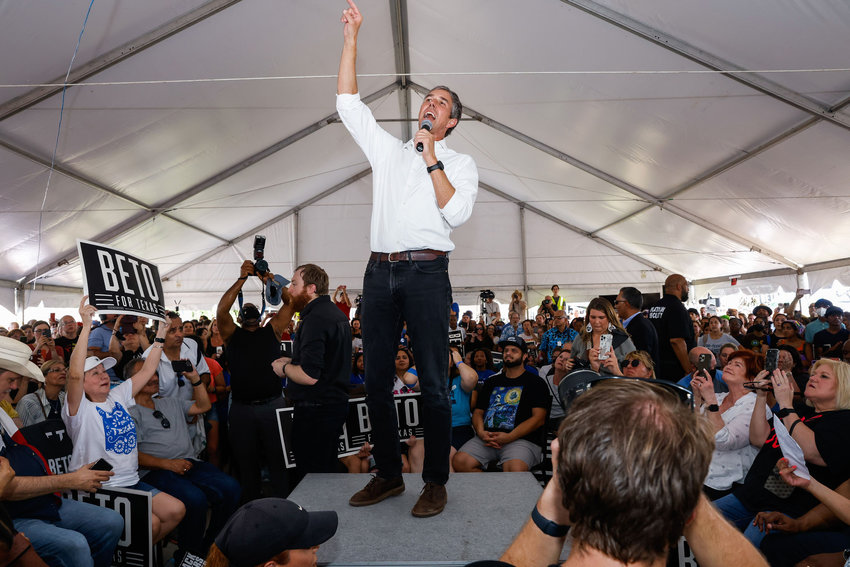 Texas gubernatorial candidate Beto O&amp;apos;Rourke campaigns in Frisco, Texas, as part of his 49-day tour on Aug. 13, 2022.