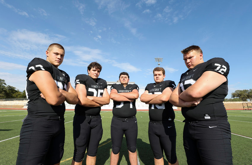 The Vandegrift Vipers offensive line, Blake Frazier (77), Ryan Jeffries (75), Gage Garrison (54), Sam Perry (78), and Ian Reed (72).