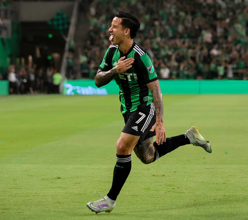 Austin FC forward Sebasti&aacute;n Driussi (7) celebrates after scoring a goal during the first half of a Major League Soccer playoff game between Austin FC and FC Dallas on Oct. 23, 2022, in Austin.