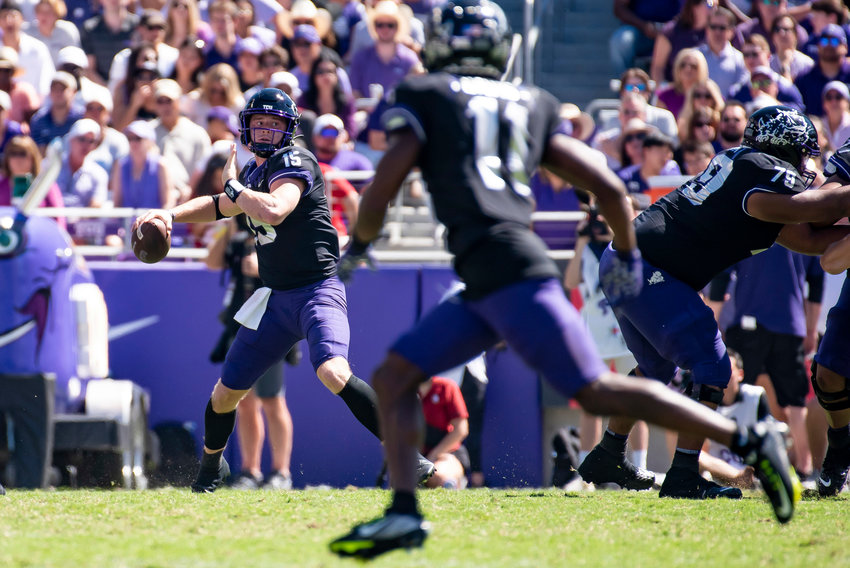 Texas Christian quarterback Max Duggan (15) prepares to throw a pass during the first half against Oklahoma at Amon G. Carter Stadium on Saturday, Oct. 1, 2022, in Fort Worth, Texas. (Emil Lippe/Getty Images/TNS)