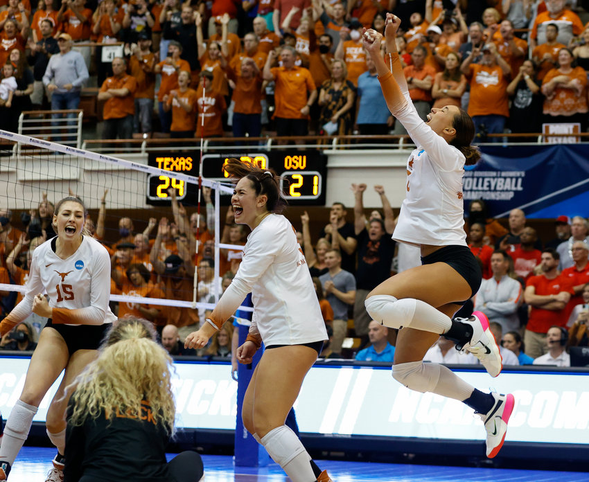 Texas outside hitter MADISEN SKINNER (6) leaps in celebration after a 3-1 win over Ohio State in the NCAA Women&rsquo;s Volleyball Tournament regional final on Dec. 10, 2022, in Austin.