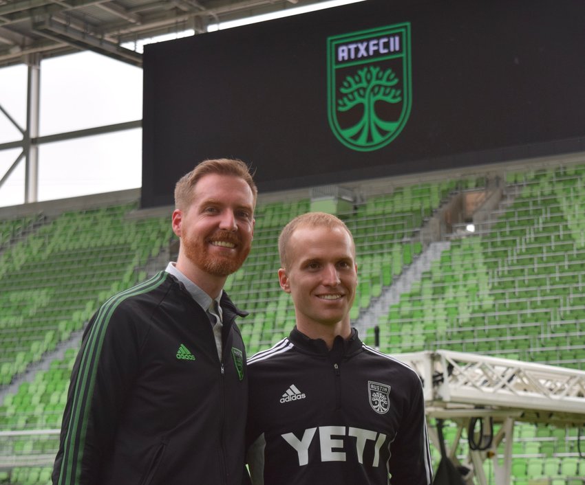 Austin FC director of player personnel Sean Rubio, left, and Austin FC II head coach Brett Uttley Tuesday afternoon at Q2 Stadium. Austin FC II will begin play in MLS NEXT Pro in 2023.