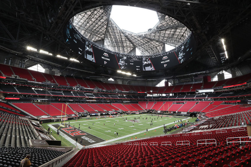 Mercedes-Benz Stadium is empty of fans but the Atlanta Falcons open the roof as they prepare to play the Seattle Seahawks on Sunday, Sept. 13, 2020, in Atlanta. (Curtis Compton/The Atlanta Journal-Constitution/TNS)