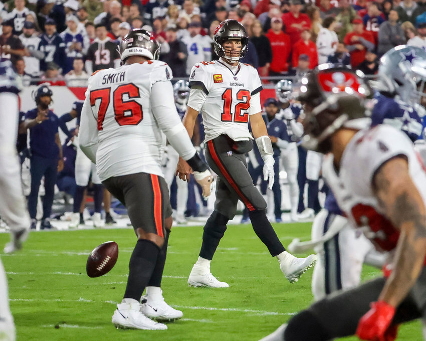 Tampa Bay Buccaneers quarterback Tom Brady (12) reacts after an incomplete pass during the first quarter against the Dallas Cowboys in an NFC Wild Card game at Raymond James Stadium on Jan. 16, 2023, in Tampa, Florida. (Douglas R. Clifford/Tampa Bay Times/TNS)