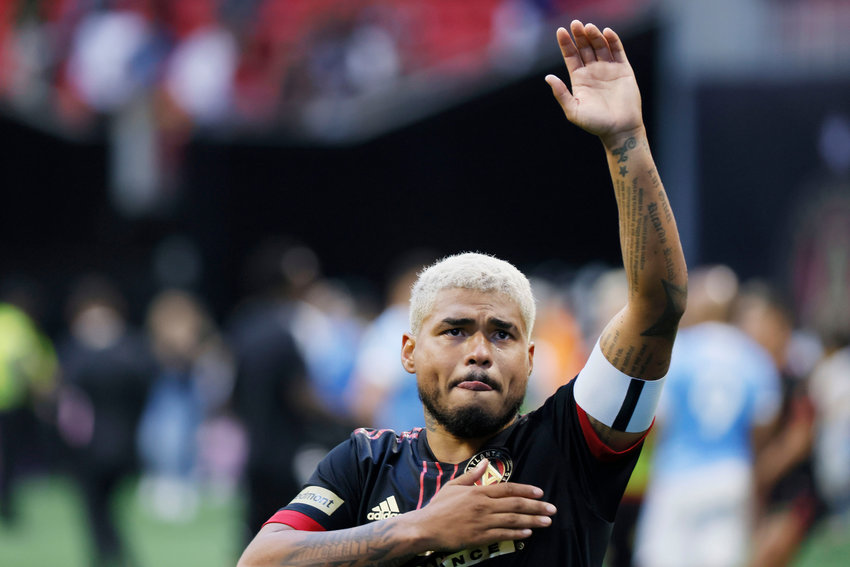 Atlanta United forward Josef Martinez, with one hand on his chest and waving with the other, thanked everyone in the stands after the season finale at Mercedes-Benz Stadium in Atlanta. Martinez has reportedly agreed to join Inter Miami. (Miguel Martinez/The Atlanta Journal-Constitution/TNS)