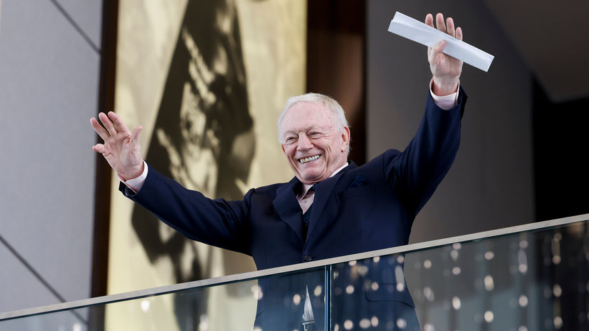 Dallas Cowboys owner Jerry Jones cheers as he says &quot;hello my subjects,&quot; ahead of a news conference announcing the first-ever cryptocurrency partnership between the Dallas Cowboys and Blockchain.com on April 13, 2022, at Cowboys headquarters in the Star in Frisco, Texas. (Shafkat Anowar/The Dallas Morning News/TNS)