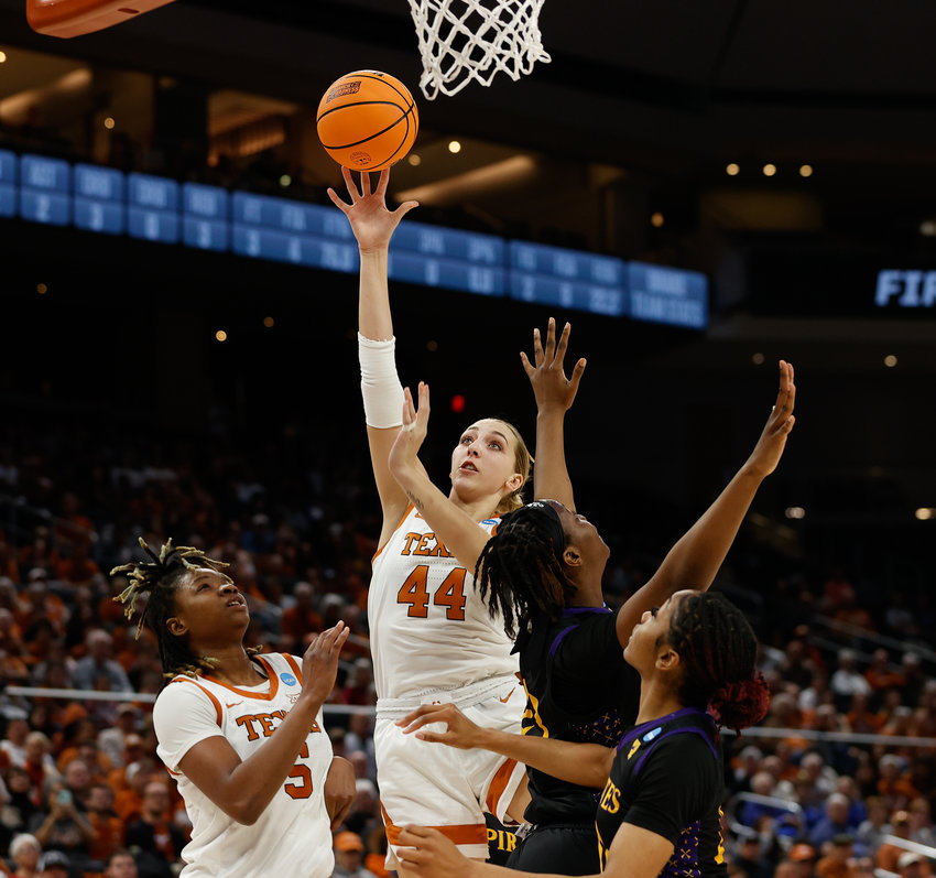 Texas forward Taylor Jones (44) goes to the basket during the NCAA Women&rsquo;s Basketball Tournament first round game between Texas and East Carolina on March 18, 2023 in Austin, Texas. Texas won, 79-40.