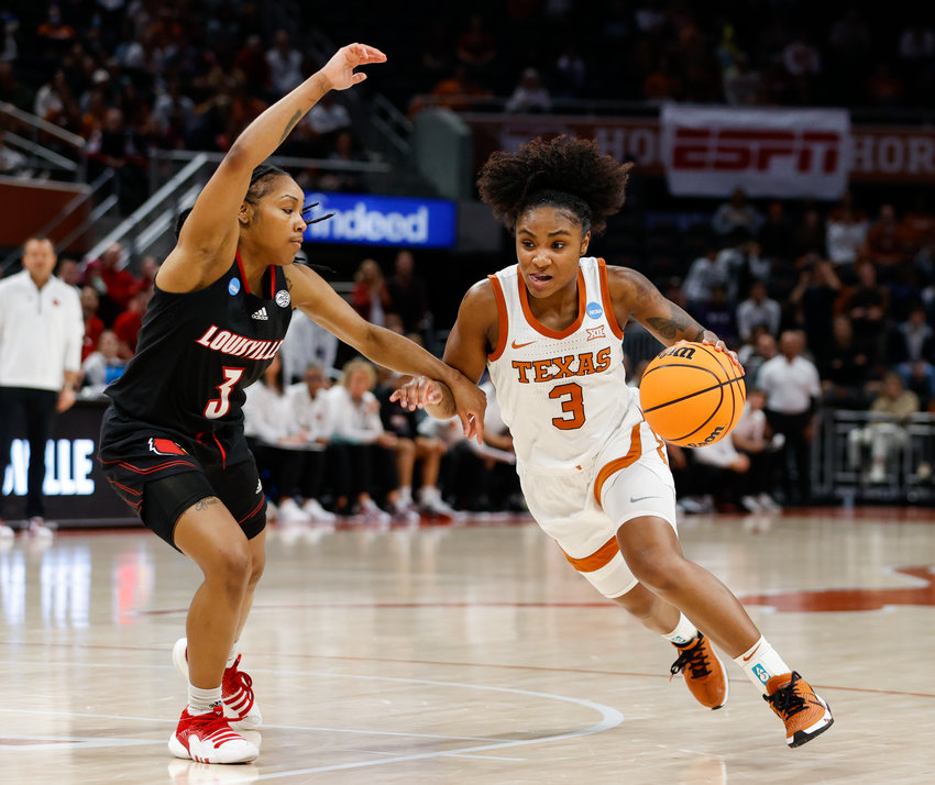 Texas guard Rori Harmon (3) moves the ball during the NCAA Women&rsquo;s College Basketball Tournament second round game between Texas and Louisville on March 20, 2023 in Austin. Louisville won, 73-51, and advances to the Sweet 16.