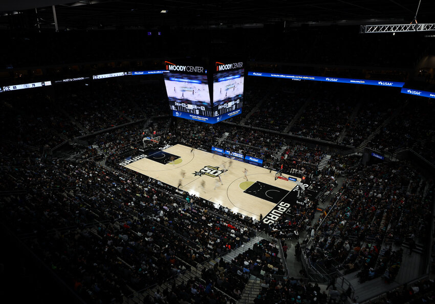 A general view of a sold-out Moody Center during an NBA basketball game between the San Antonio Spurs and the Portland Trail Blazers on April 6, 2023 in Austin, Texas. It was the first-ever NBA game held in Austin. The Spurs won, 129-127.