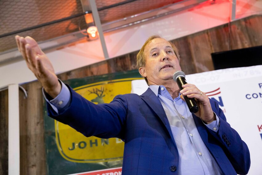 In this photo from 2022, Texas Attorney General Ken Paxton speaks during a Collin County GOP Election Night Watch Party at Haggard Party Barn in Plano.