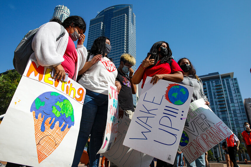 Students from Alliance Leichtman Levine Family Foundation Environmental Science High School as part of the global strikes to demand climate action rally in 2021 in Los Angeles.