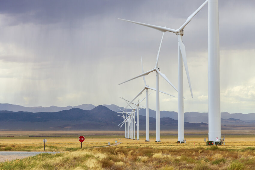 Wind turbines, part of a large wind farm near Milford, Utah.