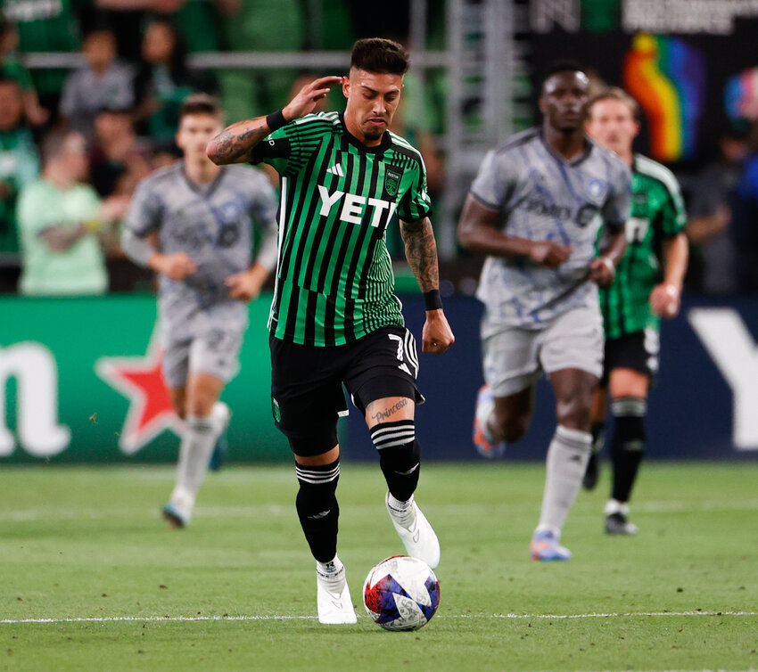 Austin FC midfielder Emilio Rigoni (7) moves the ball during an MLS soccer game between Austin FC and CF Montreal on Mar. 4, 2023, in Austin. Austin FC won, 1-0.