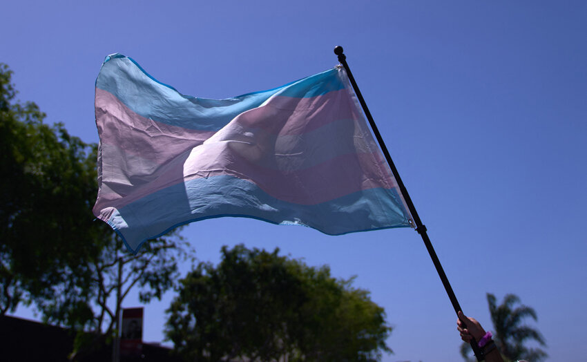 A Transgender Pride Flag is held above the crowd of LGBTQ+ activists earlier this year. About half of young trans and nonbinary youth in the U.S. seriously contemplated suicide in the past year.