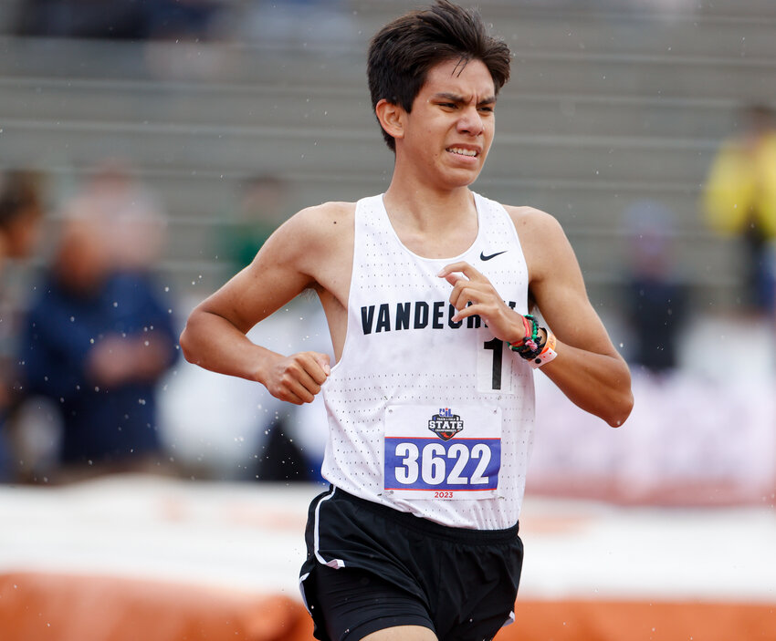 Kevin Sanchez of Vandegrift High School runs in the Class 6A boys 3200-meter run during the UIL State Track and Field Meet on Saturday, May 13, 2023 in Austin.