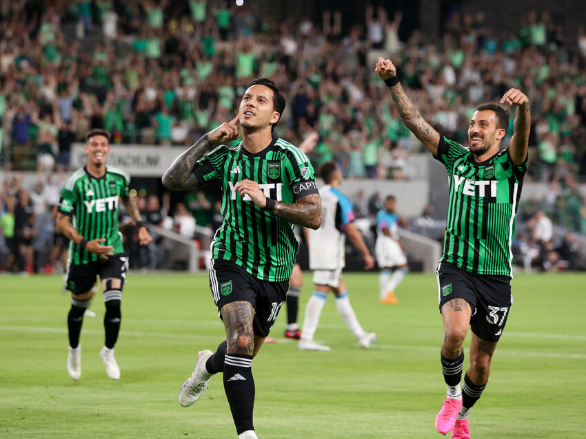 Austin FC celebrates after Sebastian Driuissi&rsquo;s goal in the 82nd minute to give Austin a 2-1 victory over Minnesota United in a Major League Soccer match on May 31, 2023 in Austin. Austin 2-1.