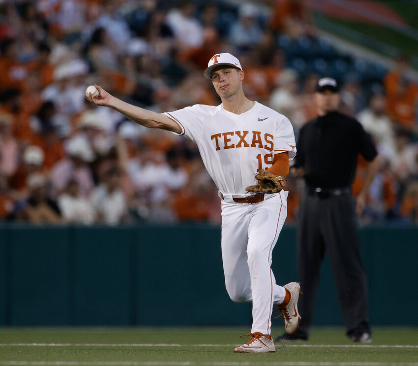 Texas shortstop Mitchell Daly (19) during an NCAA college baseball game between Texas and LSU on Feb. 28, 2023, in Austin.