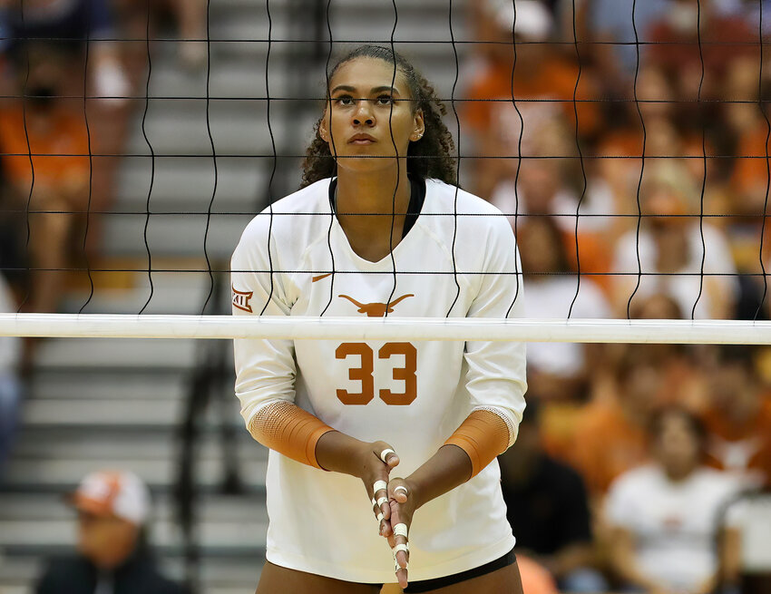 Texas outside hitter LOGAN EGGLESTON (33) waits for a serve during an NCAA volleyball match on September 15, 2022 in Austin, Texas.