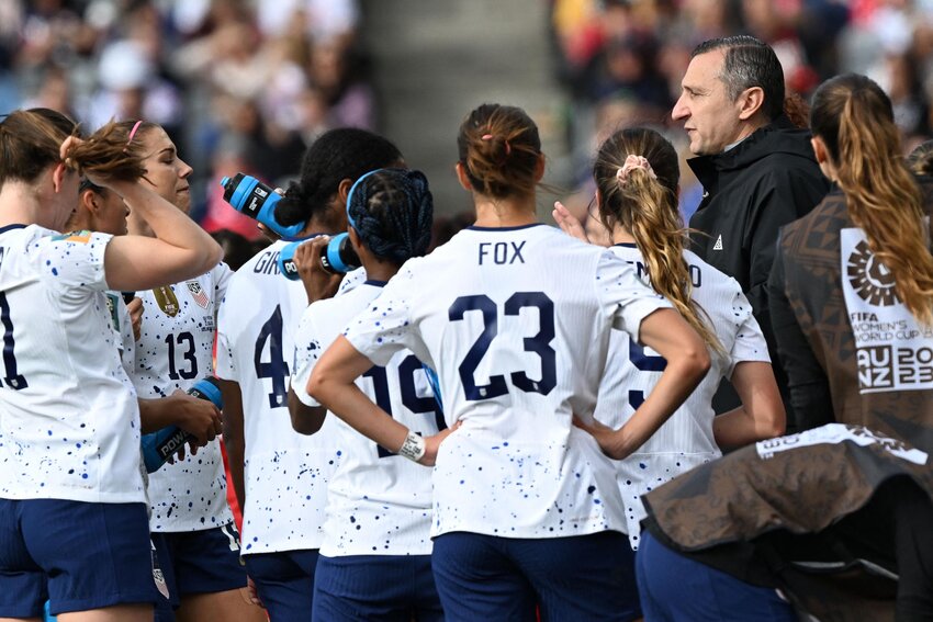 United States head coach Vlatko Andonovski talks to his team during a group match against Vietnam in the World Cup at Eden Park on Saturday, July 22, 2023, in Auckland, New Zealand. (Saeed Khan/AFP/Getty Images/TNS)