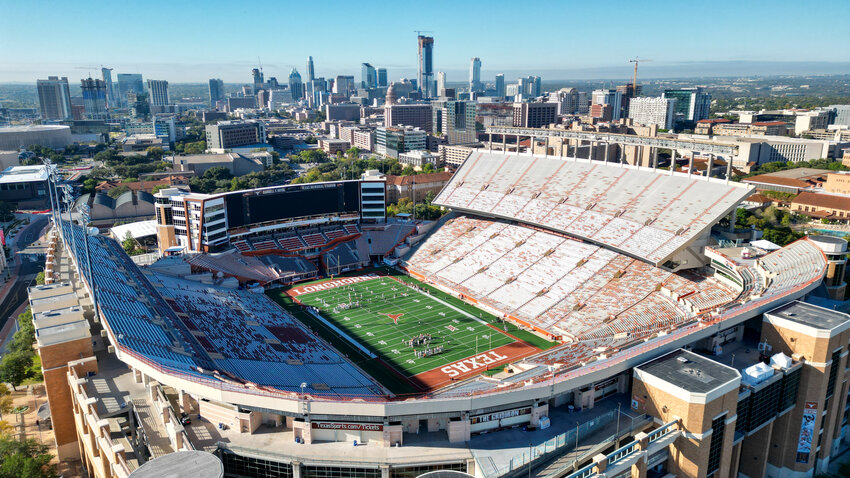 The Texas Longhorns conduct a practice at DKR Texas Memorial Stadium with the Austin skyline in the background, October 27, 2022.