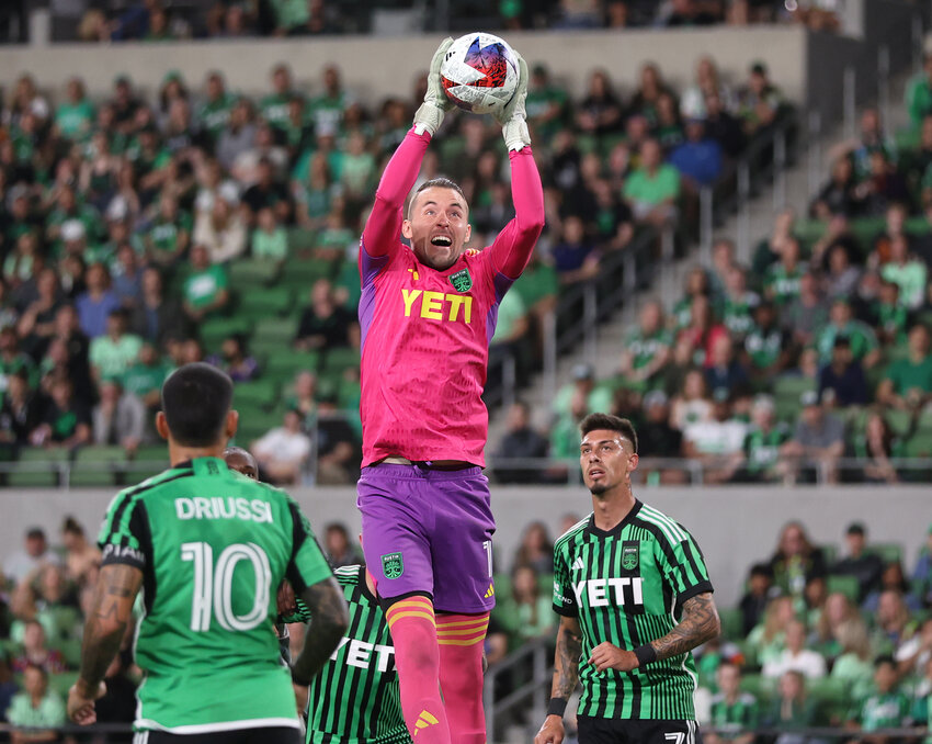 Austin FC goalkeeper Brad Stuver (1) leaps to grab the ball after a corner kick during an MLS soccer game between Austin FC and CF Montreal on Mar. 4, 2023, in Austin.