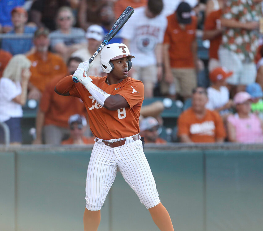 Texas infielder Dylan Campbell (8) at bat during an NCAA playoff baseball game against Louisiana Tech on June 4, 2022 in Austin, Texas.