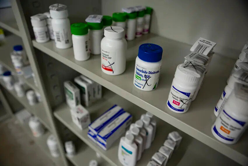 Prescription drugs on shelves at ScriptCo on Apr. 13, 2022.
