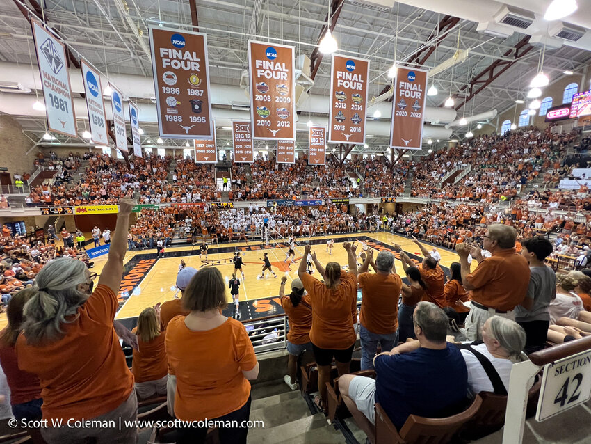 Fans in a sold-out Gregory Gymnasium cheer on the 7th-ranked defending national champion Texas Longhorns against No. 2 Stanford in an NCAA women&rsquo;s volleyball match on September 3, 2023 in Austin.