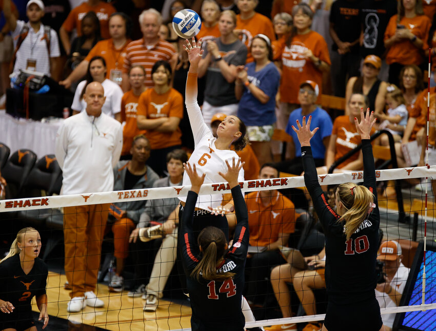 Texas outside hitter Madisen Skinner (6) at the net during an NCAA women&rsquo;s volleyball match between Texas and Stanford on September 3, 2020 in Austin.