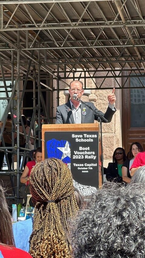 Leander ISD Superintendent Bruce Gearing spoke Monday, Oct. 10, 2023, during a protest at the Texas Capitol against the school voucher program being sought during the newly called special session of the Texas Legislature.