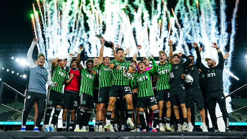 The squad and coaching staff for Austin FC II, the franchise's MLS NEXT Pro team, celebrates after winning the MLS NEXT Pro Cup with a 3-1 defeat of the Columbus Crew 2 on Sunday.