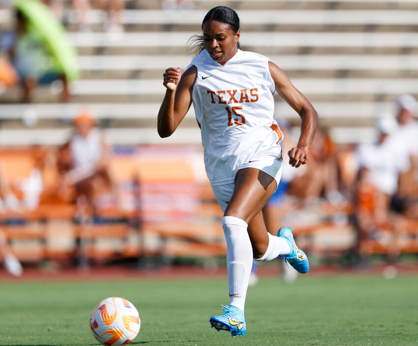 Texas forward Trinity Byars (15) had a scoring opportunity stopped by Florida State goalkeeper Cristina Roque in Sunday's 5-0 loss to top-ranked Florida State at Mike A. Myers Stadium, ending the Longhorns' season in the Sweet Sixteen round of the NCAA Tournament.