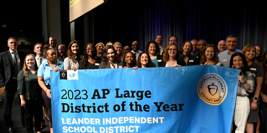 The Leander ISD Board of Trustees, district staff and elected officials from the Cedar Park and Leander city council celebrated Leander ISD being named on Nov. 16, 2023, as the 2023 Advanced Placement Large District of the Year by the nonprofit College Board.