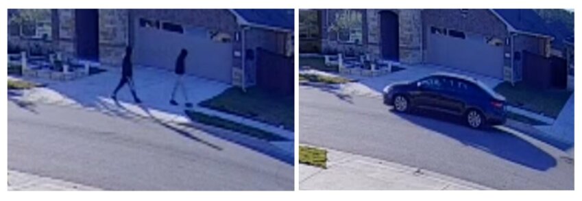 A release from the U.S. Postal Inspection Service shows the two suspects and the vehicle they used after robbing a USPIS worker around 9 a.m. on Dec. 5, 2023, in the 2000 block of Lucky Lane in Williamson County, just outside of the Leander city limits. The USPIS is offering a $150,000 award for any information that leads to the arrest of the two suspects.