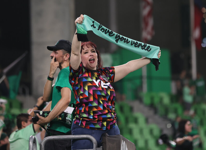 Austin FC supporters cheer following a US Open Cup match between Austin FC and New Mexico United on May 10, 2023 in Austin.  Austin FC won, 2-0.