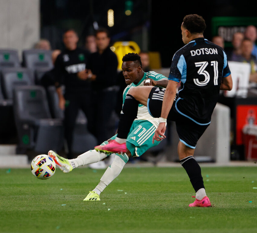 Austin FC winger J&Aacute;DER OBRIAN (11) shoots the ball during a Major League Soccer game between Austin FC and Minnesota United FC on February 24, 2024.