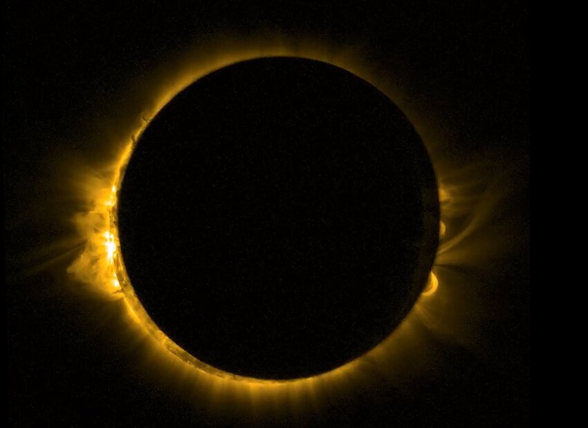 NASA's Goddard Space Flight Center captured this image of a partial solar eclipse over Europe in March 2015 using its Sun-watching Proba-2 mini-satellite. Proba-2 used its SWAP imager to capture the Moon passing in front of the Sun in a near-totality. SWAP views the solar disc at extreme ultraviolet wavelengths to capture the turbulent surface of the Sun and its swirling corona. Next Monday's eclipse across North America will be a total solar eclipse, which happens when the Moon passes between the Sun and Earth, completely blocking the face of the sun. The sky will darken as if it were dawn or dusk.