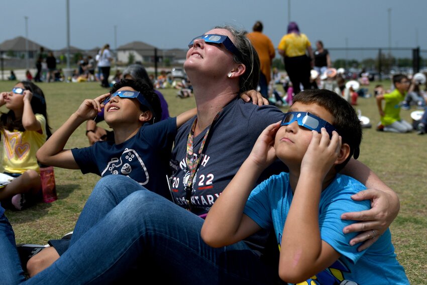 Leander ISD teachers and students gathered outside to watch for the total solar eclipse on Monday, April 8, 2024. Most Austin-area school districts closed for the day, but Leander ISD and Round Rock ISD elected to remain open on the usual schedule.