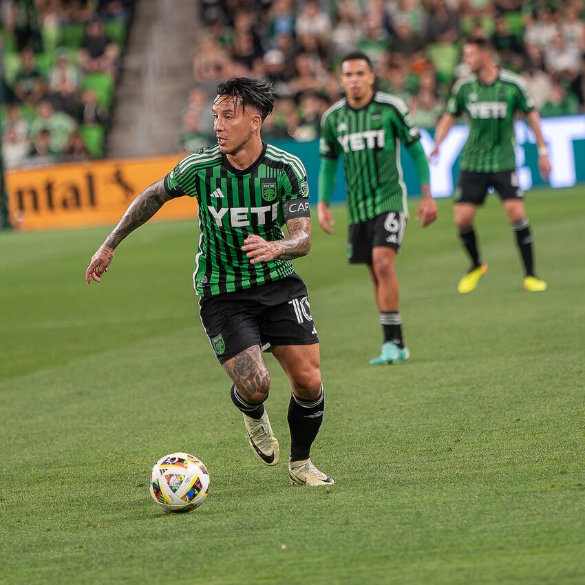 Austin FC midfielder Sebasti&aacute;n Driussi (10) moves the ball during Saturday's 4-3 win over the San Jose Earthquakes. Driussi has either scored or assisted in the game winning goal in all five of the club's come-from-behind victories at Q2 Stadium.
