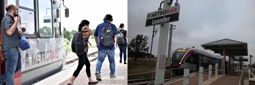 The Leander Station in the Capital Metropolitan Transportation Authority (CapMetro) rail system continues to be a point of debate for the city.     (Left picture) The station has frequent riders, such as these passengers seen getting off at the Leander Station back in January 2020. (Right picture) However, because the overall ridership at the station has remained low for years, trains often depart without passengers like this one from February 2022.
