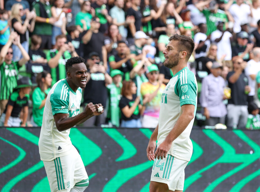 Austin FC forward J&aacute;der Obrian (left) and forward Diego Rubio (14) celebrate after Rubin&rsquo;s seventh-minute goal during a Major League Soccer match between Austin FC and the Los Angeles Galaxy on April 27, 2024 in Austin. Austin FC won, 2-0.