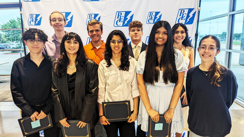 A group of local scholarship recipients selected by Pedernales Electric Cooperative for awards ranging from $3,000 to $4,500 were recognized at a reception on May 2 in Kyle. Back Row, left to right: Cougar Seale, Connor Daly, Owen Mietus, Olivia Jimenez; Front row, left to right: Minh Pham, Raina Desai, Ananya Khanna, Archita Roy, Sienna Pilon; Not pictured: Nathan Lemley, Jishnu Saani, and Laya John.
